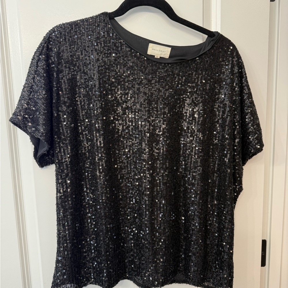 MELLODAY Black Sequin Short Sleeve Top